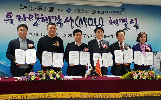 영천시와 경상북도, 대구경북경제자유구역청이 19일 한방기업 옥천당 및 중국 기업 득원중약재판매와 투자양해각서를 체결했다. 영천시 제공