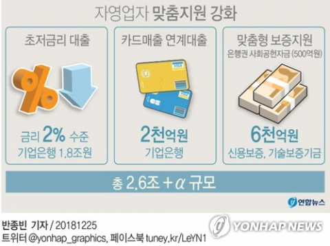 정부가 자영업자를 위해 연 2% 내외의 초저금리 대출 상품을 비롯해 총 2조6천억원 규모의 맞춤형 자금을 공급한다. 연합뉴스