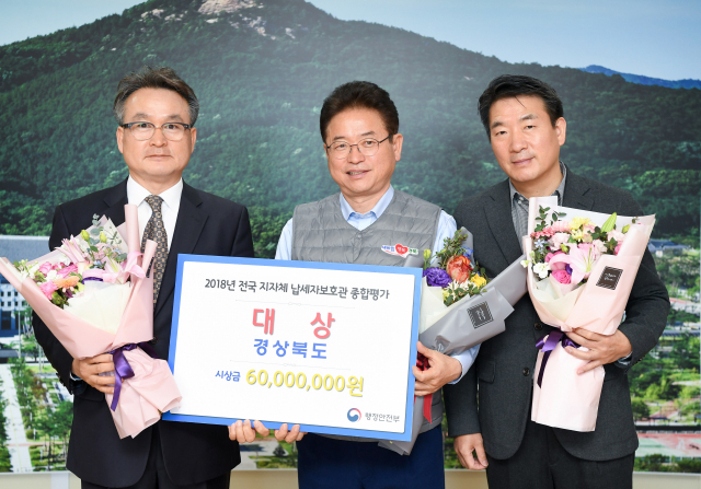 이희주(왼쪽부터) 경상북도 법무담당관, 이철우 경북도지사, 안병윤 경북도 기획조정실장이 전국 지자체 납세자보호관 종합평가 대상을 받고 기념사진을 찍고 있다. 경북도 제공
