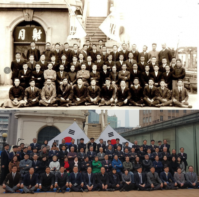 1921년 1월 1일 중국 상하이의 호텔 대동여사(大同旅舍)에서 열린 임시정부 신년축하식 때 촬영된 기념사진(위쪽)과 2일 상하이총영사관 주최로 열린 임정 100주년 기념 신년축하식 기념사진(아래). 연합뉴스