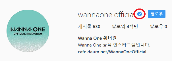 유명인 인스타그램 공식 계정 인증 체크(v) 표시의 예. 워너원 공식 인스타그램