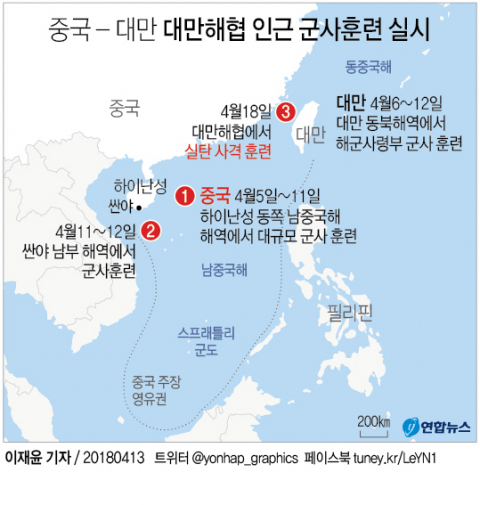 중국 해군은 지난해 4월 대만해협에서 실탄사격 훈련을 진행했다. 연합뉴스