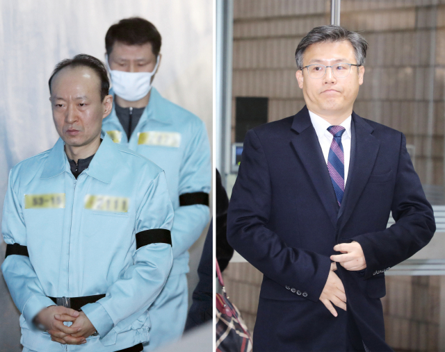 박근혜 정부 시절 국가정보원의 특수활동비 수십억원을 상납받은 혐의로 기소된 이재만 전 청와대 총무비서관, 안봉근 전 청와대 국정홍보비서관(왼쪽 사진), 정호성 전 청와대 부속비서관(오른쪽 사진)이 4일 오전 서울 서초구 서울고등법원에서 열린 항소심 선고공판에 출석하며 법정으로 향하고 있다. 연합뉴스