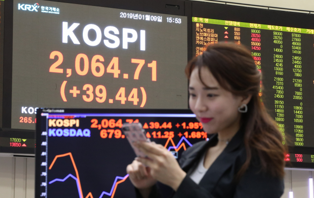 코스피가 외국인과 기관의 동반 매수에 힘입어 2,060선을 회복한 9일 서울 여의도 한국거래소의 주식시세 전광판 앞에서 한 직원이 휴대전화를 보고 있다. 코스피는 전 거래일보다 39.44포인트 오른 2,064.71에 장을 마쳤다. 코스닥지수는 11.25포인트(1.68%) 오른 679.74로 마감했다. 연합뉴스