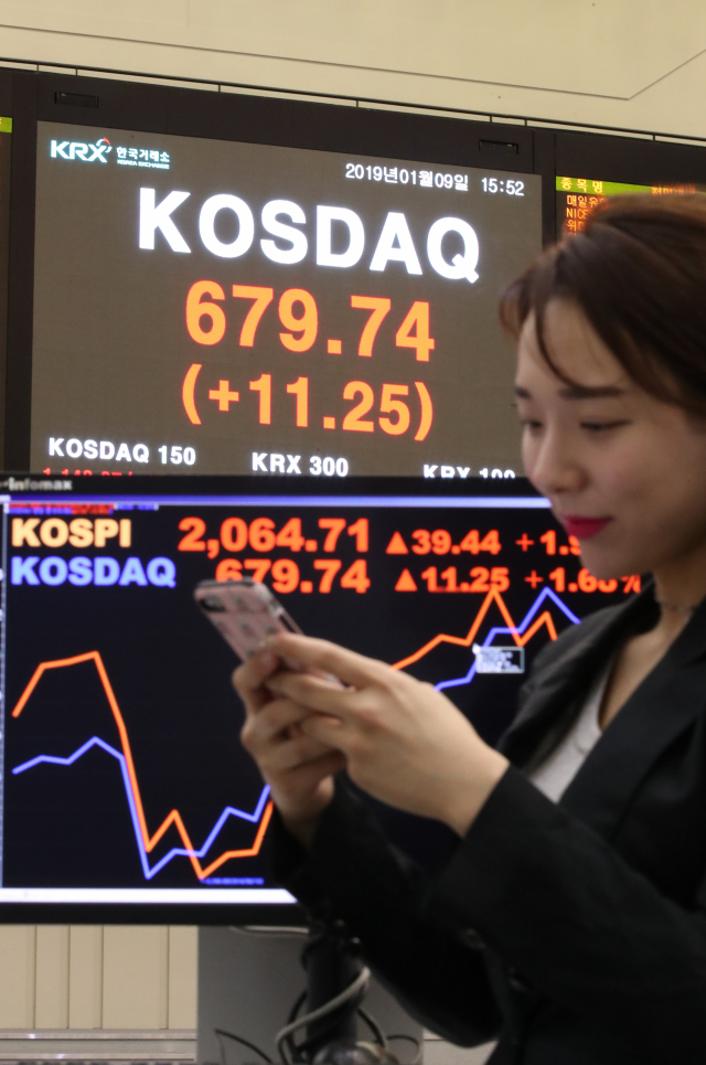 코스피가 외국인과 기관의 동반 매수에 힘입어 2,060선을 회복한 9일 서울 여의도 한국거래소의 주식시세 전광판 앞에서 한 직원이 휴대전화를 보고 있다. 코스피는 전 거래일보다 39.44포인트 오른 2,064.71에 장을 마쳤다. 코스닥지수는 11.25포인트(1.68%) 오른 679.74로 마감했다. 연합뉴스