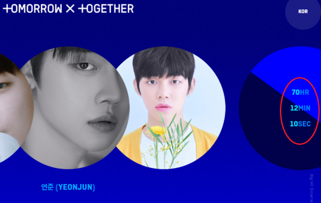 TXT(투모로우바이투게더) 홈페이지. 오른쪽 타임 카운트는 무엇? 70시간 뒤 2번째 멤버 공개? 11일 오전 1시 47분쯤 기준으로 70HR 12MIN 10SEC라고 떴다.(빨간 원 안 부분)