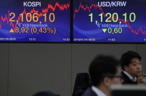 코스피가 8.91포인트 올라 2,106.08로 장을 마감한 16일 오후 서울 중구 KEB 하나은행 딜링룸에서 딜러들이 업무에 한창이다. 연합뉴스