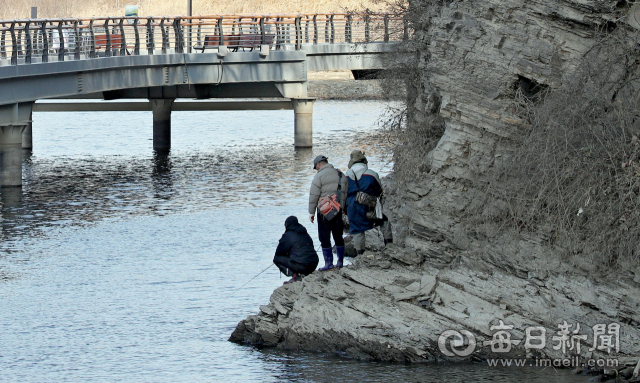 지난해 12월 20일 오후 낚싯꾼들이 대구 달성습지 화원동산 하식애에 올라 낚시를 하고 있다. 화원동산 하식애는 2천만 년의 역사를 간직한 생태계의 보고로, 출입통제가 절실하지만 생태 탐방로가 들어 선 이후 접근이 쉬워져, 환경훼손 우려가 현실화 되고 있다. 한 시민은 