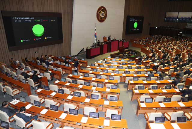 지난해 정기국회 마지막 본회의 날인 12월 8일 새벽 국회 본회의장에서 바른미래당, 민주평화당, 정의당 등 야3당 의원들의 자리가 비어 있다. 야3당은 더불어민주당과 자유한국당의 전날 예산안 처리 합의에 반발하며 