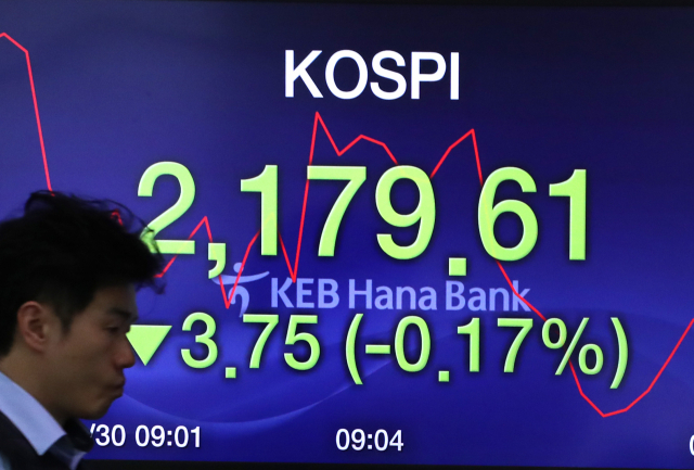 코스피가 내림세를 보이는 30일 오전 서울 중구 KEB 하나은행 딜링룸에서 한 딜러가 전광판 앞을 지나고 있다. 연합뉴스