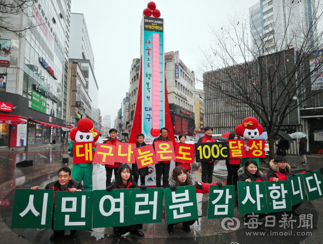 지난해 대구모금회 직원들이 동성로 사랑의 온도탑 앞에서 