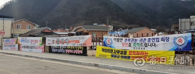 영양군의회가 개인사무실 증축문제와 가축사육거리제한조례 수정안 통과 등으로 새해 연초부터 시민, 사회단체로부터 비난을 받고 있다. 사진은 영양 곳곳에 내걸린 군의회 비난 현수막들. 엄재진 기자