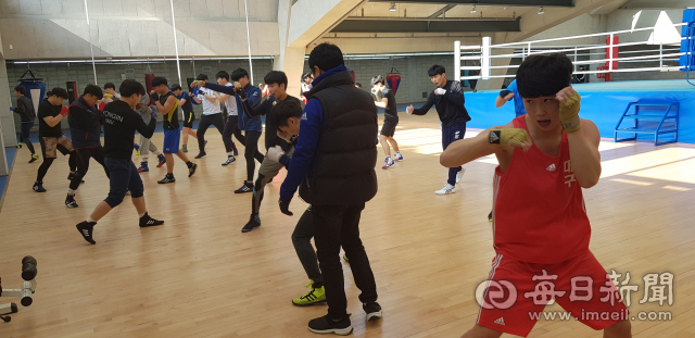 전지훈련에 참여한 용인대 복싱선수들이 스파링 연습을 하고 있다. 마경대 기자
