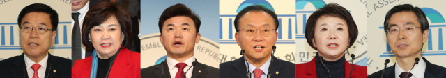 자유한국당 2·27 전당대회 최고위원 후보 등록자. 왼쪽부터 김광림, 김순례, 윤영석, 윤재옥 의원, 정미경 전 의원, 조경태 의원. 연합뉴스