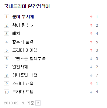 19일 기준 네이버 국내드라마 일간검색어 순위. 네이버