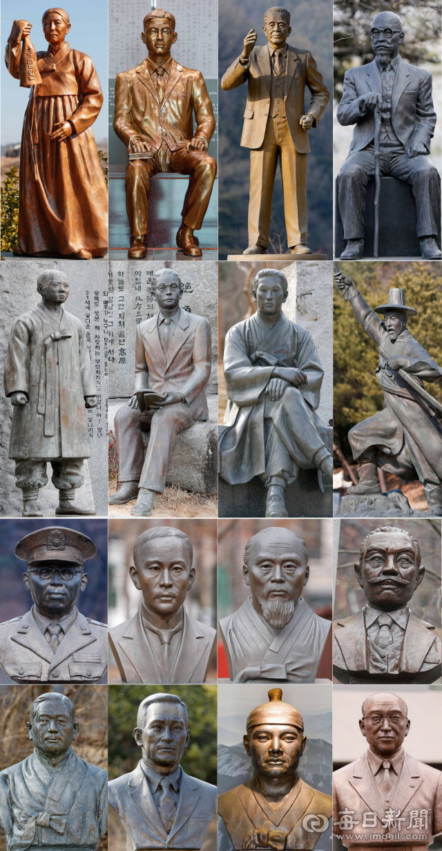동상 사진 왼쪽부터 시계방향으로 남자현(영양 남자현 지사 생가), 박열(문경 박열의사기념관), 박희광(구미 금오산도립공원), 서상일(대구 조양회관), 이강년(문경 운강이강년기념관), 이상화(대구 두류공원), 이육사(안동 이육사문학관), 정학이(대구 화원초). 흉상 사진 왼쪽부터 시계방향으로 권준(대구 상리공원), 김광제·서상돈(대구 국채보상운동기념공원), 송두환(대구 앞산공원), 송종익(대구 흥사단), 신돌석(문경 신돌석 장군 유적 기념관), 우재룡·조기홍(대구 두류공원). 우태욱 기자 woo@imaeil.com