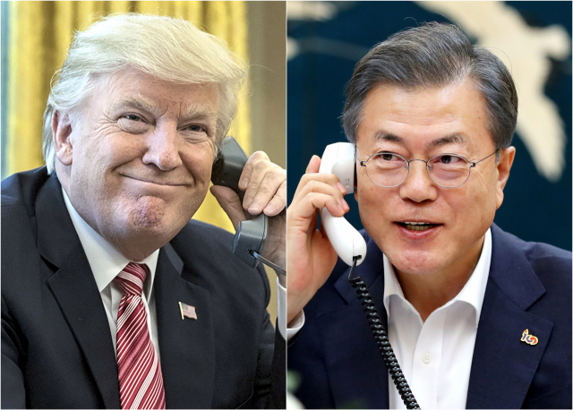 문재인 대통령이 19일 밤 청와대에서 제2차 북미정상회담을 앞두고 있는 미국 도널드 트럼프 대통령과 통화하고 있다. 연합뉴스