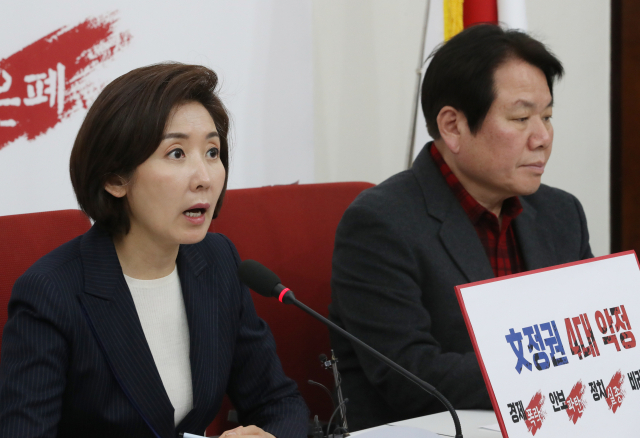 자유한국당 나경원 원내대표가 24일 국회에서 최근 현안에 대해 기자간담회를 하고 있다. 연합뉴스