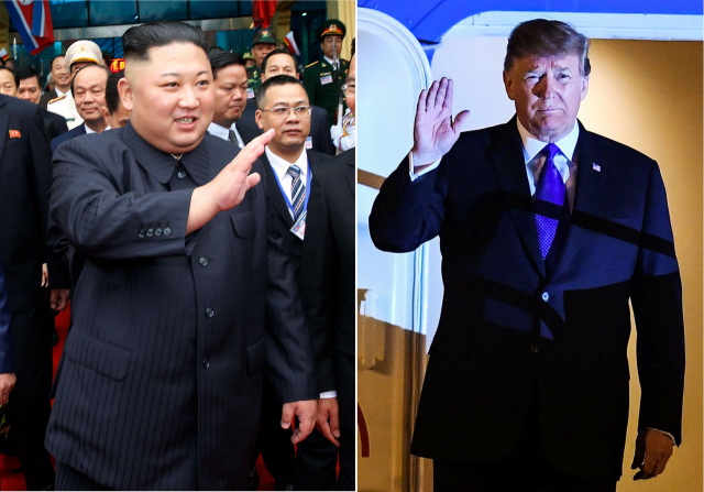 김정은 북한 국무위원장(왼쪽)이 26일(현지시간) 중국과 접경지역인 베트남 랑선성 동당역에 도착해 손을 흔들고 있다. 도널드 트럼프 미국 대통령도 같은 날 오후 베트남 하노이 노이바이 국제공항에 도착해 환영인사들에게 손을 흔들고 있다. 두 정상은 27일 2차 북미 정상회담을 가질 예정이다. 연합뉴스