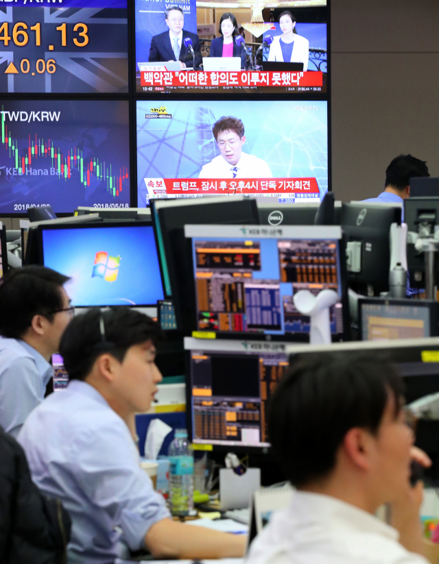 코스피 지수가 2차 북미 정상회담의 불안한 전개에 급락하며 전 거래일보다 39.35포인트(1.76%) 내린 2,195.44로, 코스닥 지수는 전 거래일보다 20.91포인트(2.78%) 내린 731.25로 거래를 마친 28일 서울 중구 KEB하나은행 딜링룸에 북미회담 관련 속보가 나오고 있다. 연합뉴스