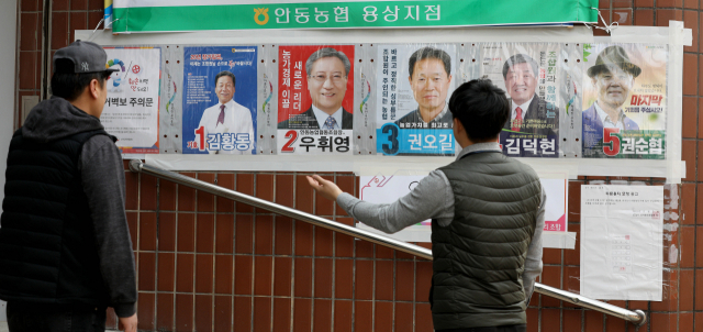 제2회 전국동시조합장선거를 하루 앞둔 12일 오후 경북 안동 용상동투표소에서 조합원들이 출마 후보들의 벽보를 보며 이야기를 나누고 있다. 김영진 기자 kyjmaeil@imaeil.com