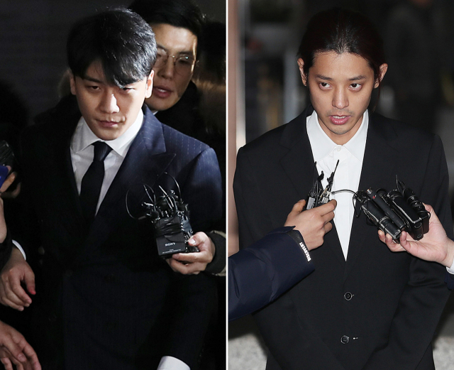 성접대 의혹을 받고 있는 빅뱅 멤버 승리(왼쪽 사진)와 성관계 동영상 불법 촬영·유포 혐의를 받는 가수 정준영이 15일 오전 서울 종로구 서울지방경찰청에서 조사를 마친 뒤 청사를 나서고 있다. 연합뉴스