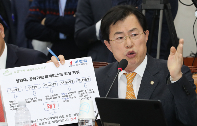 자유한국당 이만희 의원이 국회 상임위에서 임종석 대통령 비서실장과 조국 민정수석에게 질의하고 있다. 연합뉴스