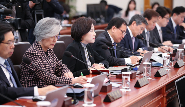 19일 오전 청와대에서 열린 국무회의에서 국무위원들이 문재인 대통령의 발언을 듣고 있다. 연합뉴스
