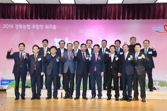 이철우(앞줄 오른쪽 네 번째) 경북도지사 등 2019 경북농협 조합장 워크숍 참석자들이 한자리에 모여 기념촬영을 하고 있다. 경북농협 제공