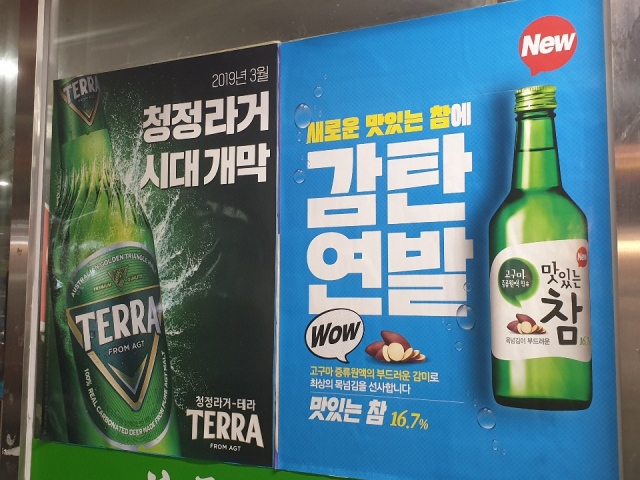 지난 29일 오후 방문한 안지랑곱창골목은 특정 업체의 소주와 맥주 광고홍보물로 도배됐다. 이주형 기자
