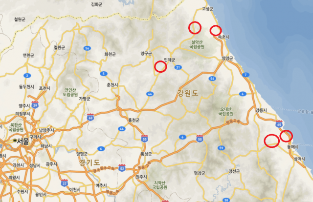 [지도] 4~5일 발생 강원도 인제·고성·속초·강릉 옥계·동해 망상 산불 위치. 네이버 지도