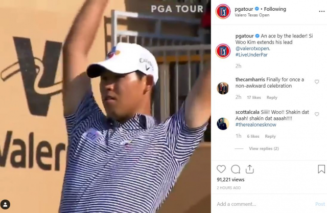 김시우(24)가 시즌 첫 메이저 대회 마스터스의 전초전인 미국프로골프(PGA) 투어 발레로 텍사스 오픈(총상금 750만 달러)에서 이틀째 단독 선두를 질주했다. 김시우는 6일 미국 텍사스주 샌안토니오의 TPC 샌안토니오 AT＆T 오크스 코스(파72·7천522야드)에서 열린 2라운드에서 보기 없이 이글 1개와 버디 4개를 묶어 6언더파 66타를 쳤다. [PGA 투어 인스타그램 캡처] 연합뉴스