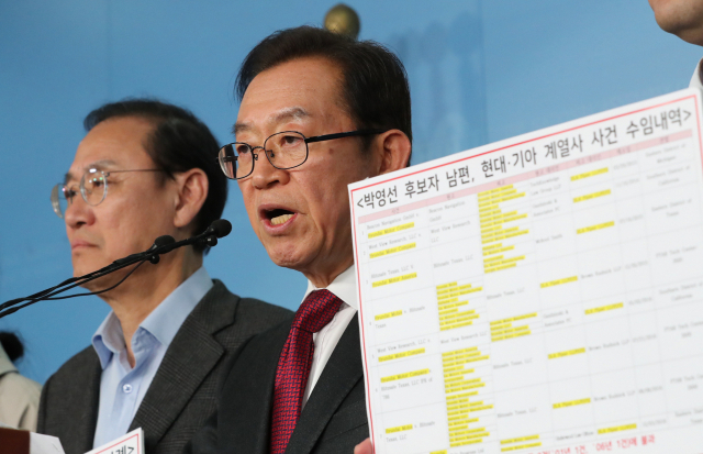 국회 산업통상자원중소벤처기업위 소속 자유한국당 간사인 이종배 의원이 7일 국회 정론관에서 박영선 중소벤처기업부 장관 후보자의 남편 관련 기자회견을 하고 있다. 연합뉴스
