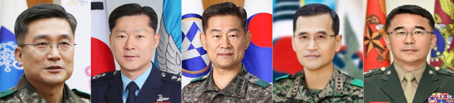 국방부가 8일 상반기 군 장성 인사를 발표했다. 왼쪽부터 서욱 육군참모총장 내정자, 원인철 공군참모총장 내정자, 최병혁 연합사 부사령관 내정자, 남영신 지상작전사령관 내정자, 이승도 해병대사령관 내정자. 연합뉴스