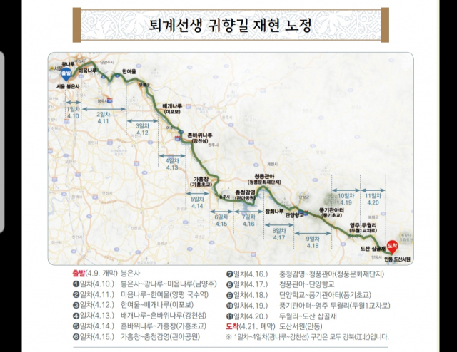 퇴계선생 귀향길 재현 노정도