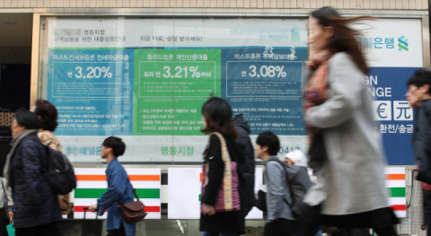 한국은행에 따르면 가계대출금리에서 소비자물가 상승률을 뺀 2월 실질 은행 대출금리는 3.0%로, 2014년 2월 이후 최고이며 지난해부터 꾸준히 상승하고 있다. 대출금리 인상은 가계대출 증가 폭 둔화에 영향을 미치고 있다. 시민들이 한 시중은행 대출 금리 안내판을 지나고 있다. 연합뉴스