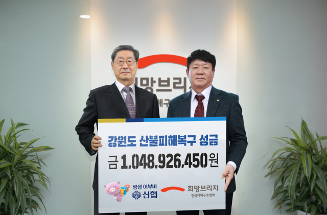 김윤식 신협중앙회장(오른쪽)과 송필호 전국재해구호협회회장이 성금전달식 기념촬영을 하고 있다. 신협중앙회 제공