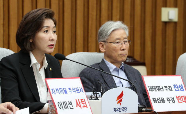 자유한국당 나경원 원내대표가 19일 국회에서 열린 원내대책회의에서 발언하고 있다. 연합뉴스