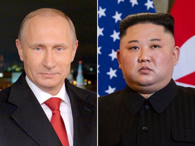 지난 2월 27일 하노이 제2차 북미정상회담 당시의 김정은 북한 국무위원장(오른쪽)과 2014년 12월 31일 모스크바에서 촬영된 블라디미르 푸틴 러시아 대통령의 사진. 18일 러시아 크렘린궁은 김정은 위원장이 4월 하반기에 러시아를 방문한다고 공식 발표했다. 연합뉴스
