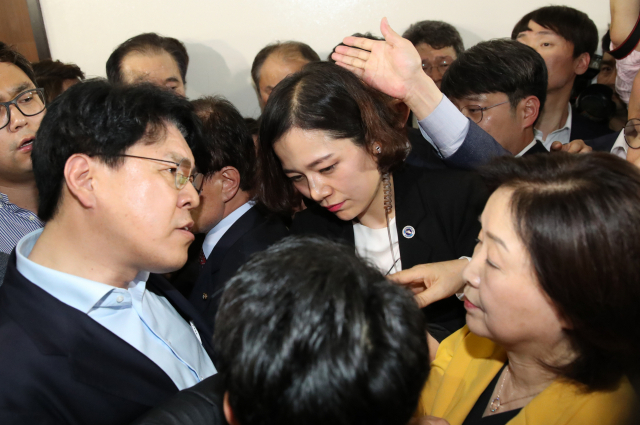 정의당 심상정 의원(오른쪽)이 25일 국회 정개특위 회의장으로 진입을 시도하다 입구 앞에서 대기 중이던 자유한국당 장제원 의원과 설전을 벌이고 있다. 연합뉴스