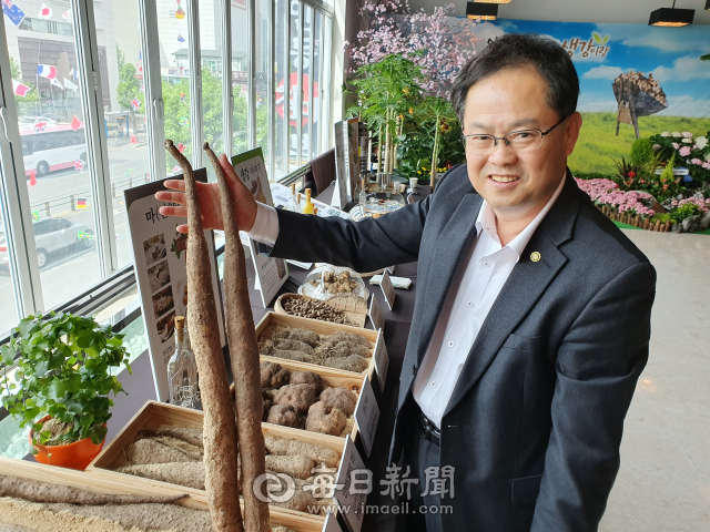 ㈜탁촌장 탁상훈 대표가 자신이 제품으로 사용하는 안동 참마를 들어 보이고 있다. 탁 대표는 4월 26일에서 5월 1일까지 안동 6차산업 발전을 위한 