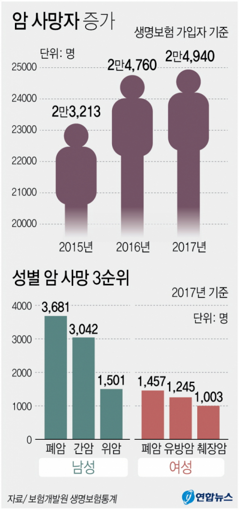 1일 보험개발원에 따르면 암으로 사망한 생명보험 가입자는 2008년 1만8천144명에서 매년 증가해 지난 2017년에는 2만4천940명까지 늘었다. 연합뉴스