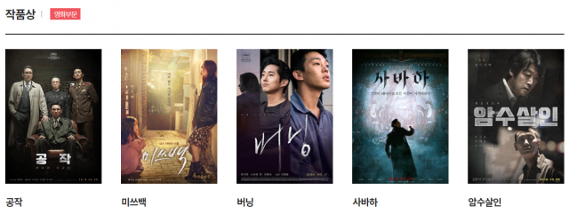 2019 백상예술대상 영화 부문 작품상 공작 미쓰백 버닝 사바하 암수살인. 2019 백상예술대상