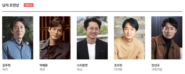 2019 백상예술대상 영화 부문 남자 조연상 후보=고(故) 김주혁 박해준 스티븐연 조우진 진선규. 2019 백상예술대상