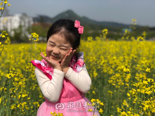 엄마와 함께 경북도청 신도시로 놀러 온 이서영(5) 양이 유채꽃밭에서 귀엽게 포즈를 취하고 있다. 김영진 기자