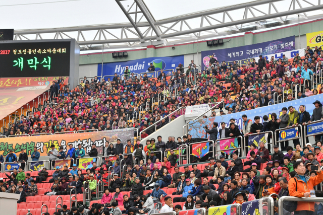 2017년 청도소싸움축제 개막식에서 경기장을 가득 메운 관람객들이 경기를 지켜보고 있다. 청도군 제공