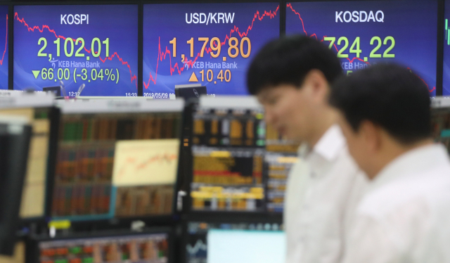 코스피가 9일 미중 무역전쟁에 대한 불안감에 급락했다. 코스피는 66.00포인트(3.04%) 내린 2,102.01로, 원/달러 환율은 10.4원 오른 1,179.8원으로 거래를 마쳤다. 사진은 이날 중구 KEB 하나은행 딜링룸 모습. 연합뉴스