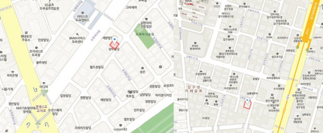 연 매출 10억, 서민갑부 강동한 씨 엔투라지 바버숍(바버샵) 위치. 왼쪽 강남 본점, 오른쪽 압구정 직영점. 네이버 지도