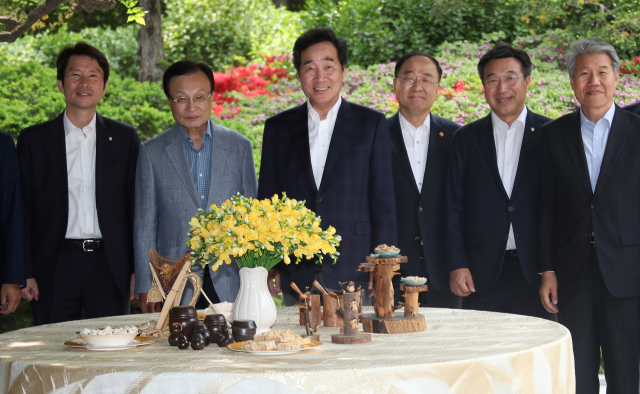 이낙연 국무총리와 더불어민주당 이해찬 대표가 12일 삼청동 총리공관에서 고위 당정청 회의를 하기에 앞서 정원에서 환담을 나눈 뒤 기념촬영을 하고 있다. 왼쪽부터 더불어민주당 이인영 원내대표와 이해찬 대표, 이낙연 총리, 홍남기 부총리 겸 기획재정부 장관, 더불어민주당 윤호중 사무총장, 청와대 김수현 정책실장. 연합뉴스