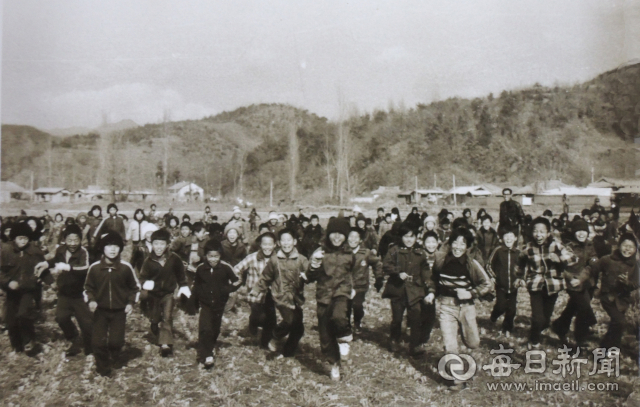 1976년 문경 호계초등학교 학생들이 막곡들의 한 보리밭에서 보리밟기를 하고 있다.